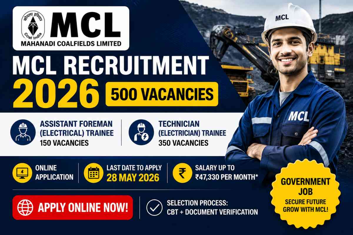 MCL Recruitment 2026 notification released for 500 Electrical vacancies including Assistant Foreman and Technician posts. Check eligibility, salary, dates, and apply online.