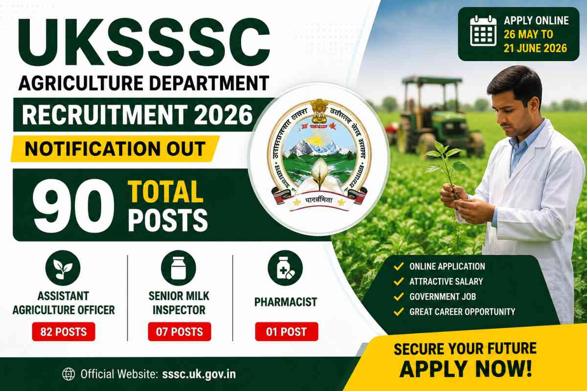 UKSSSC Agriculture Department Recruitment 2026 notification released for 90 posts. Check eligibility, salary, exam pattern, dates and apply online details.