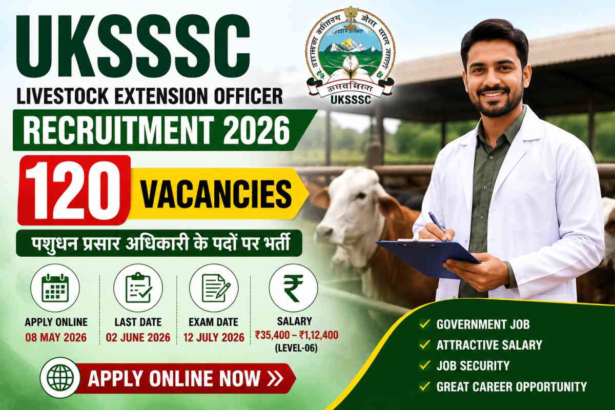 UKSSSC Livestock Extension Officer Recruitment 2026 announced for 120 posts. Check eligibility, salary, exam date and apply online process.