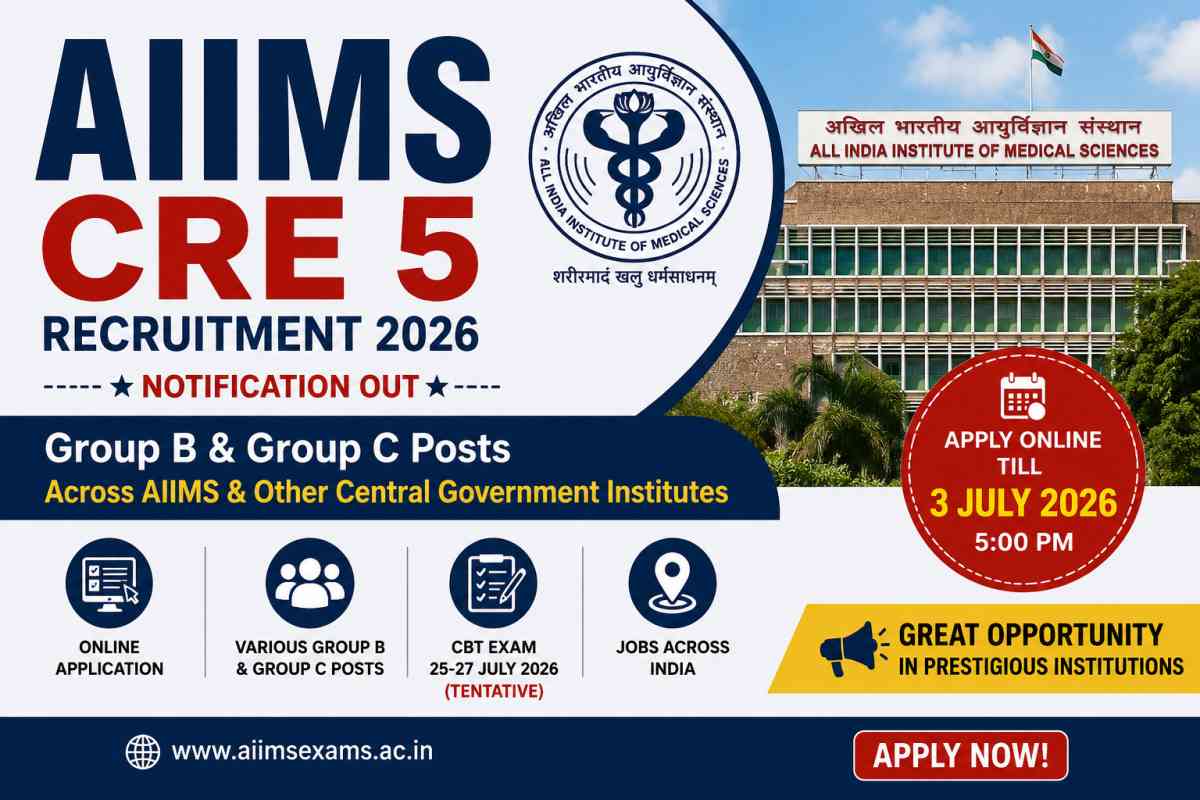 AIIMS CRE 5 Recruitment 2026 Notification released for Group B and Group C posts. Apply online before July 3. Check eligibility, dates and details.
