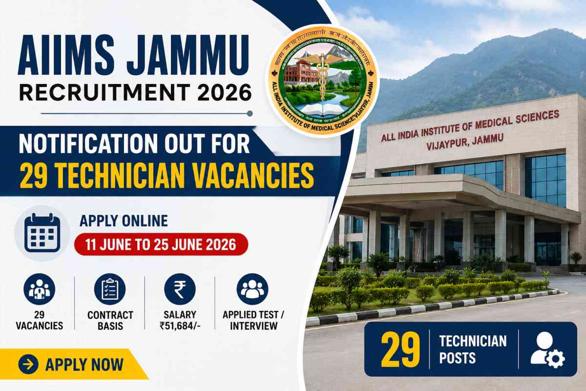 AIIMS Jammu Recruitment 2026 Notification released for 29 Technician vacancies. Apply online from June 11 to June 25. Check eligibility and details.