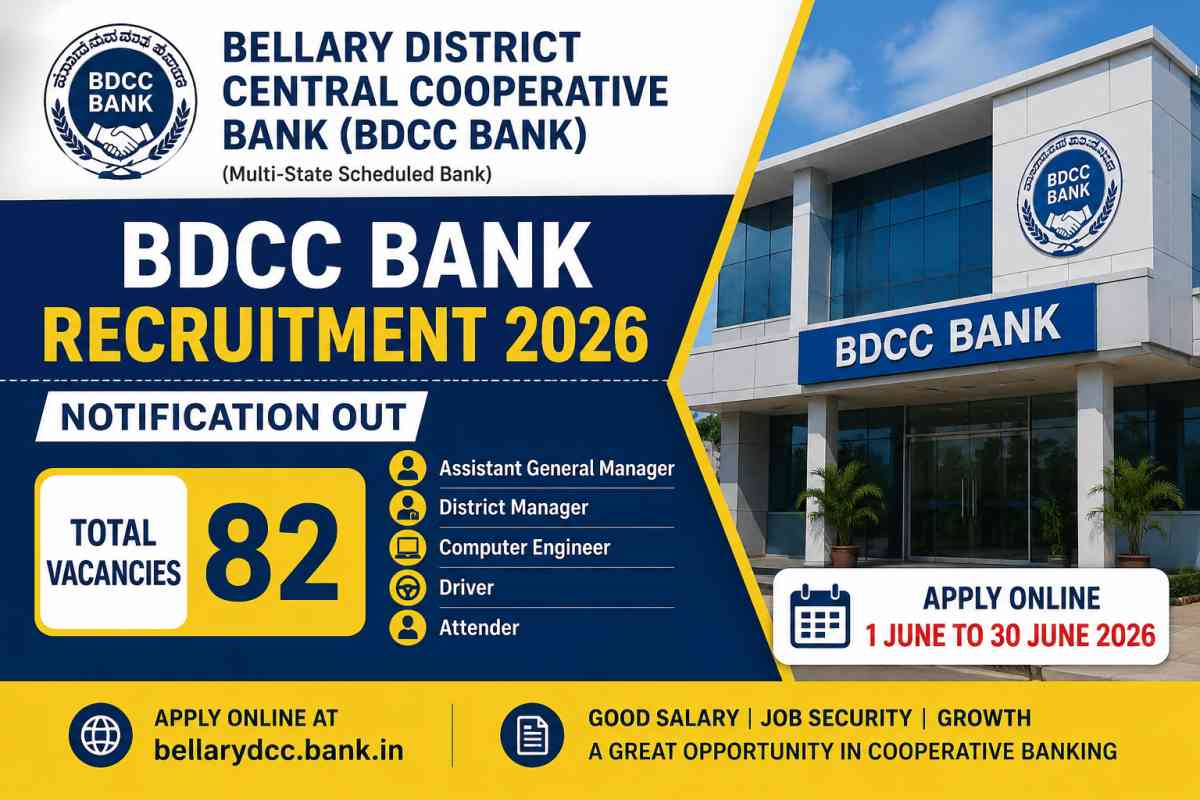 BDCC Bank Recruitment 2026 Notification released for 82 vacancies. Apply online for AGM, District Manager, Driver and other posts before 30 June 2026.