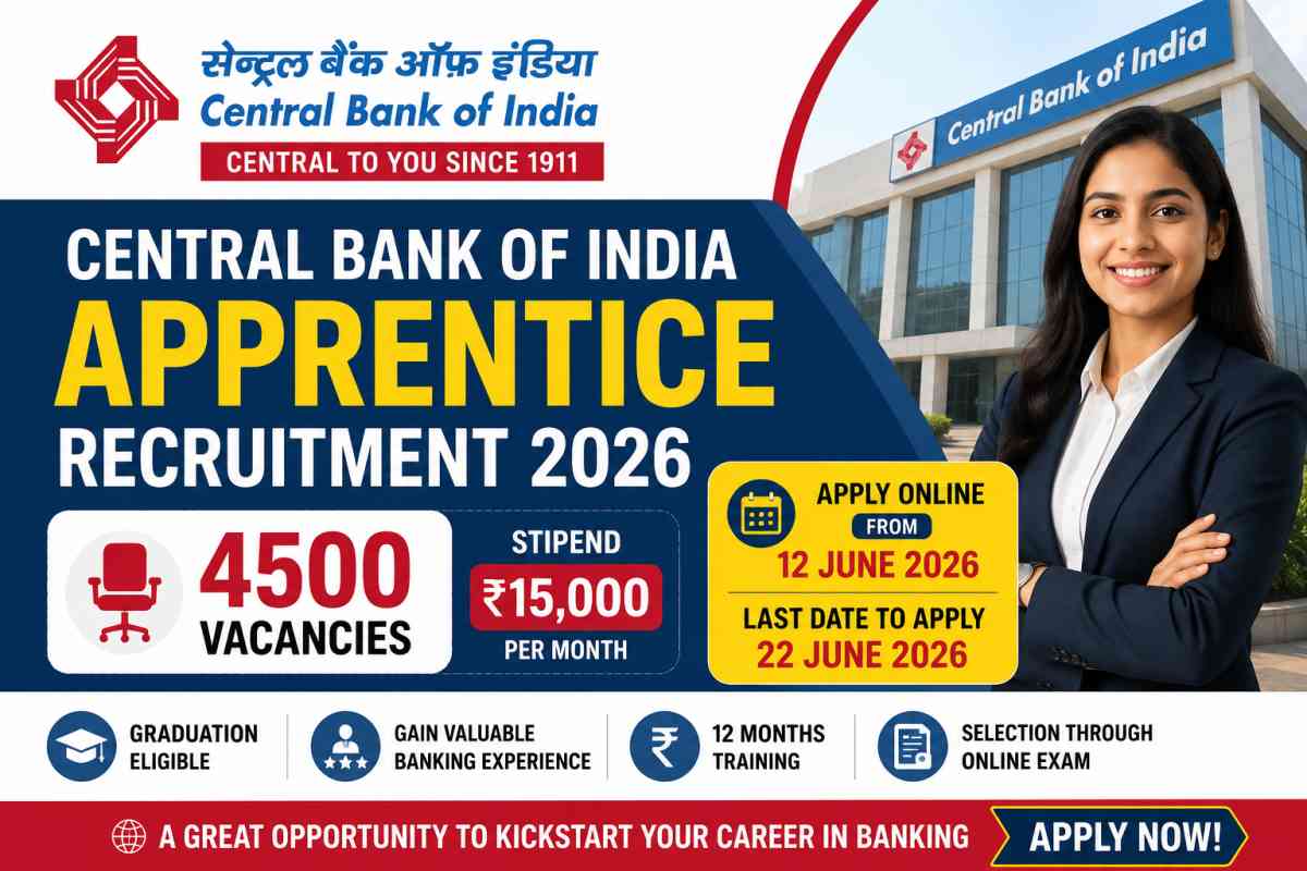 Central Bank of India Apprentice Recruitment 2026 announced for 4500 vacancies. Apply online from June 12 to June 22. Check eligibility and details.