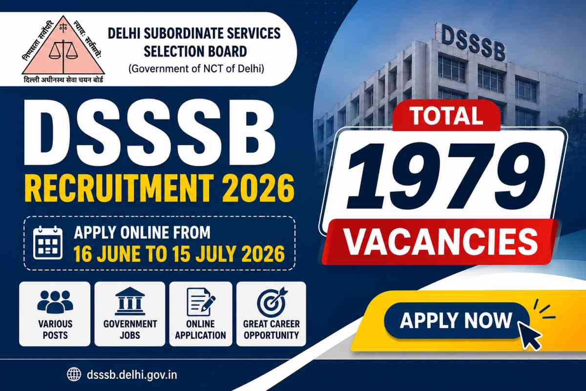 DSSSB Recruitment 2026 Notification released for 1979 vacancies. Apply online from June 16 for TGT, IT Assistant, Special Educator and more posts.