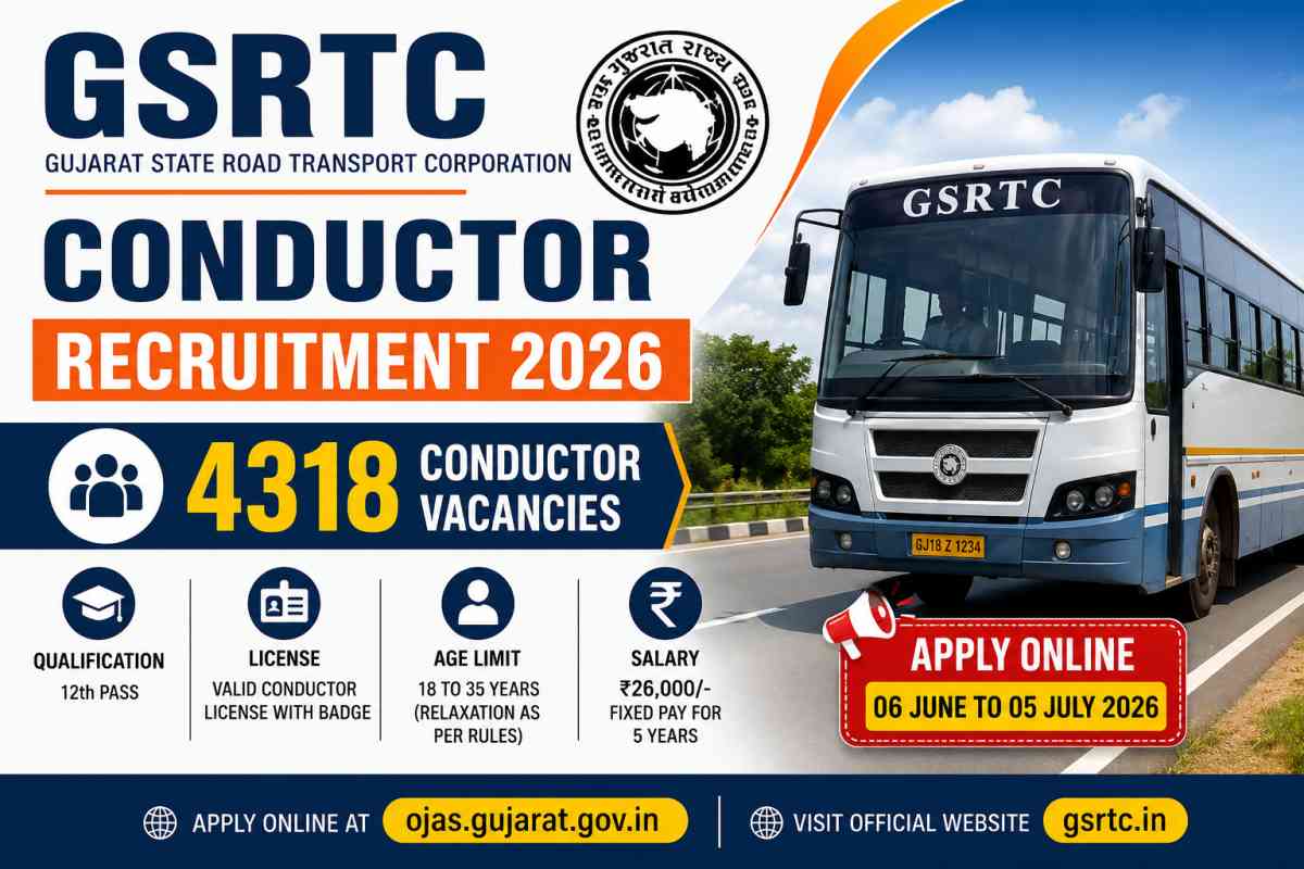 GSRTC Conductor Recruitment 2026 Notification released for 4318 vacancies. Check eligibility, salary, dates, selection process and apply online.