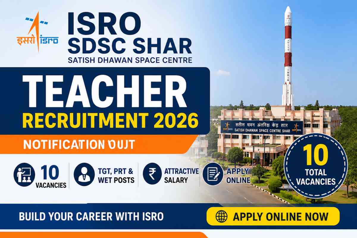 ISRO SDSC SHAR Teacher Recruitment 2026 Notification released for 10 TGT, PRT and WET posts. Check eligibility, salary, vacancies and apply online.