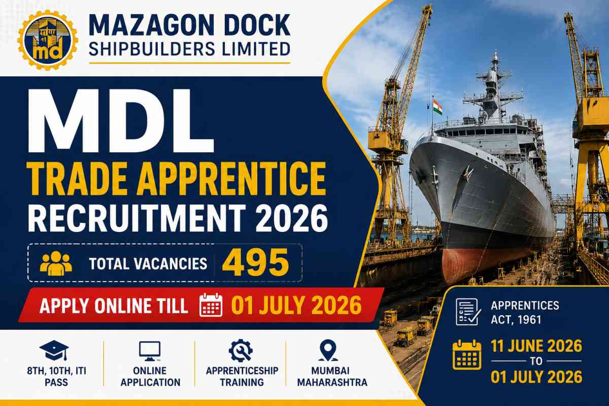 MDL Trade Apprentice Recruitment 2026 announced for 495 vacancies. Apply online from 11 June to 1 July 2026 for apprentice training posts.