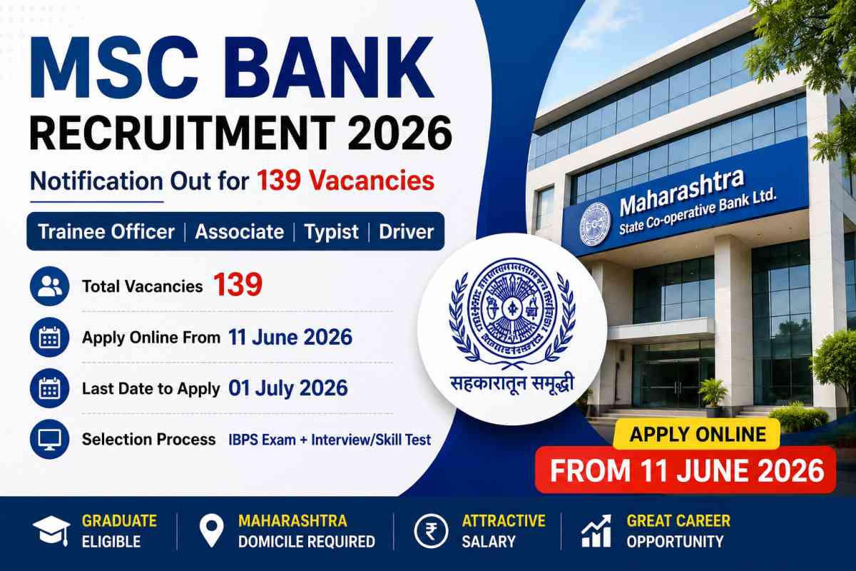 MSC Bank Recruitment 2026 Notification released for 139 vacancies. Apply online for Officer, Associate, Typist and Driver posts before July 1, 2026.