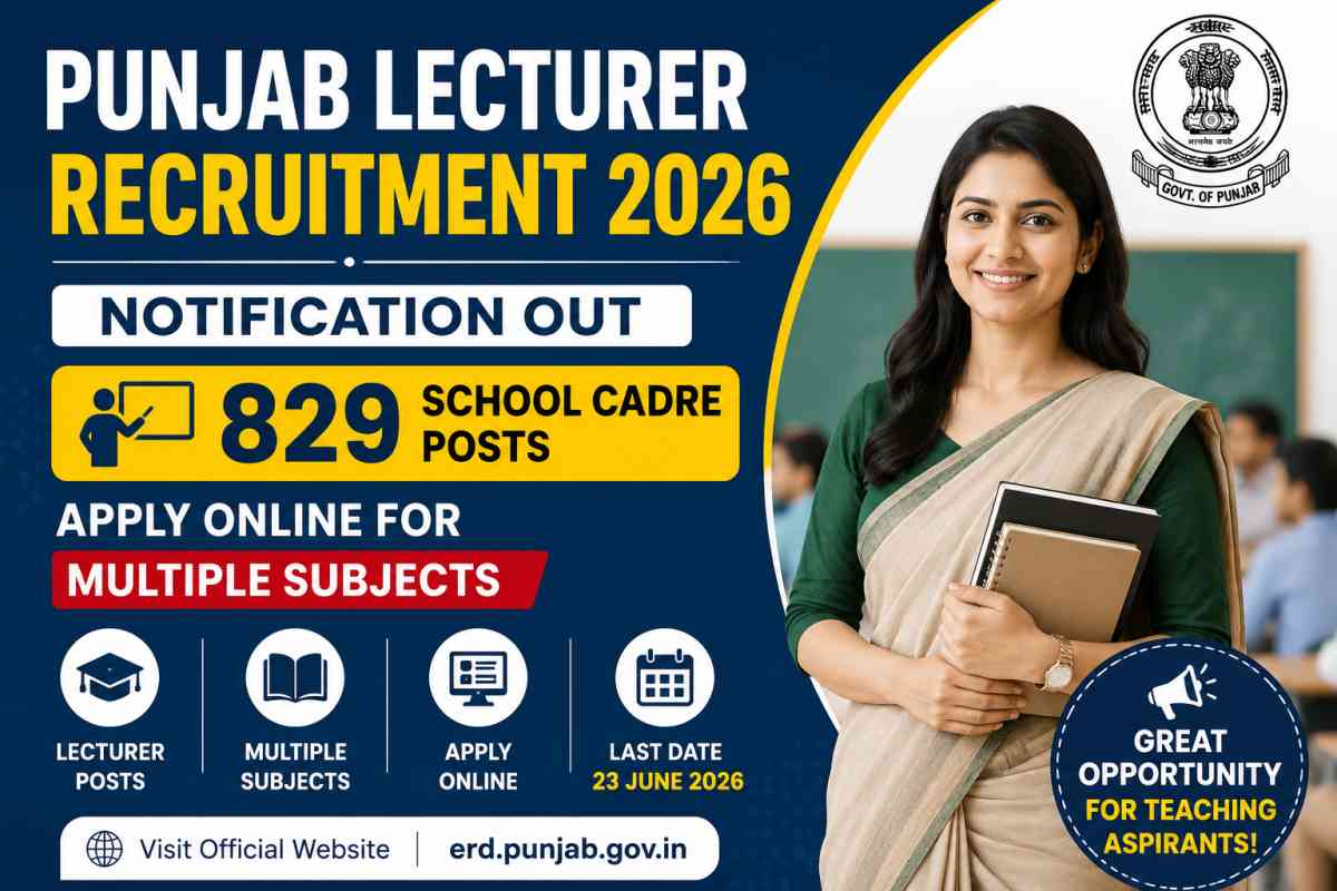 Punjab Lecturer Recruitment 2026 Notification released for 829 School Cadre posts. Check eligibility, vacancy details, dates, and apply online
