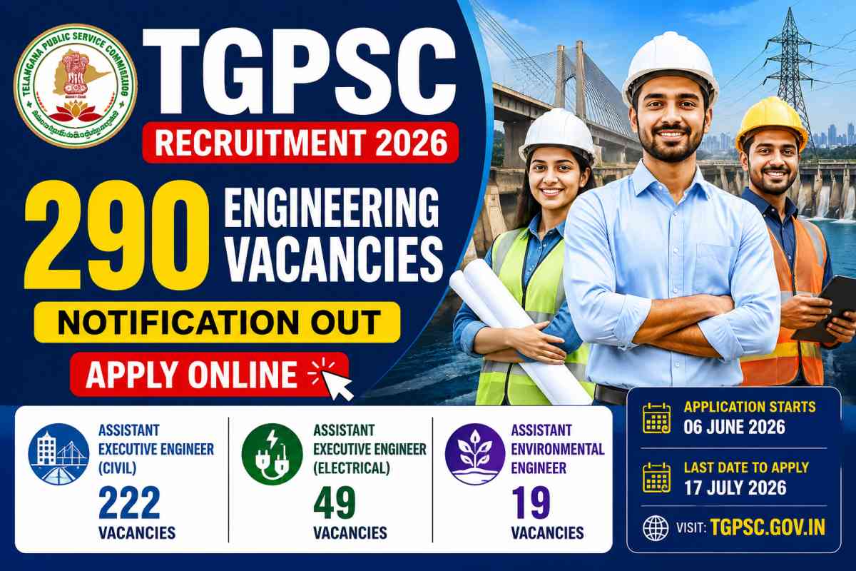 TGPSC Recruitment 2026 Notification released for 290 Engineering Vacancies. Apply online for AEE Civil, AEE Electrical and Environmental Engineer posts.
