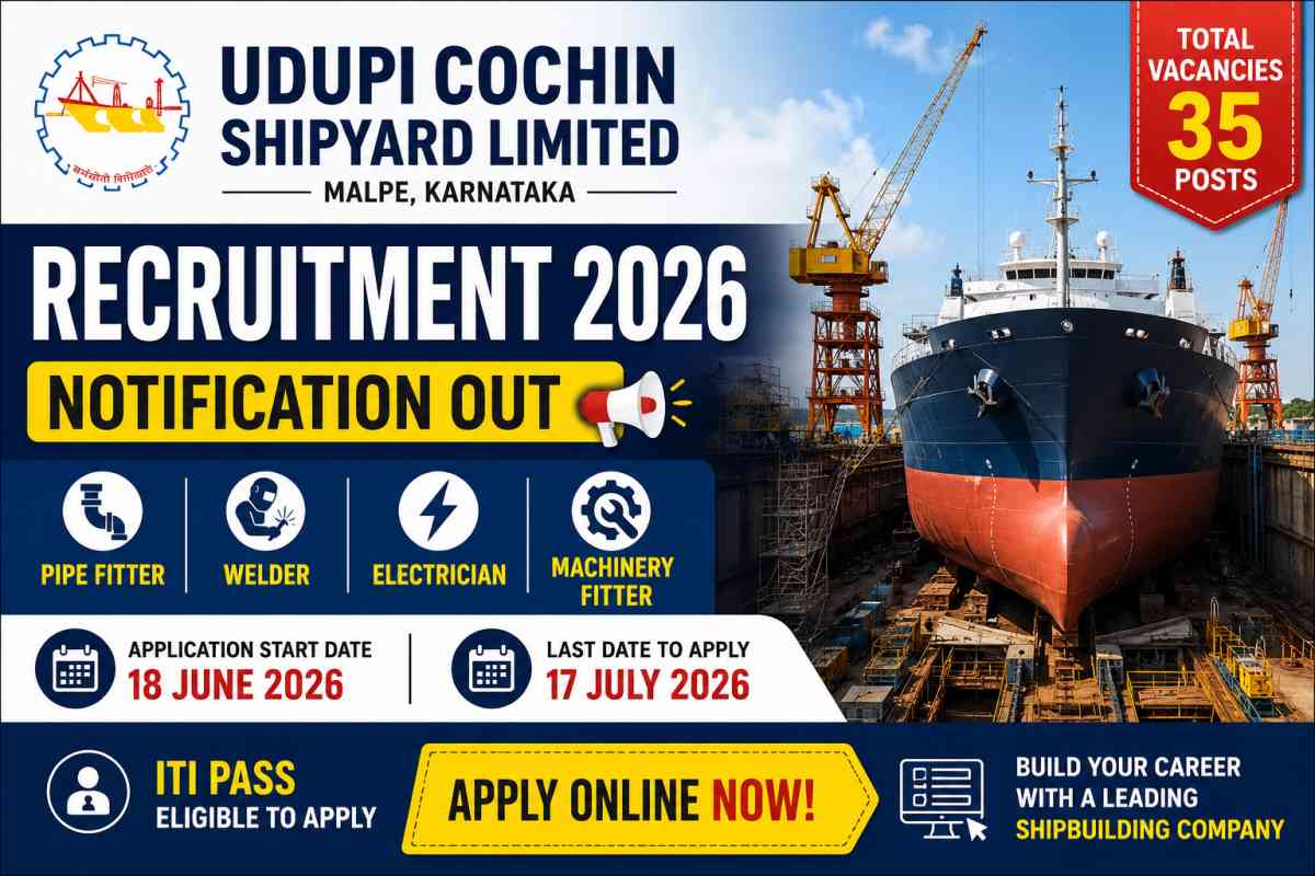Udupi Cochin Shipyard Recruitment 2026 Notification released for 35 vacancies. Apply online for Pipe Fitter, Welder, Electrician and Machinery Fitter posts.