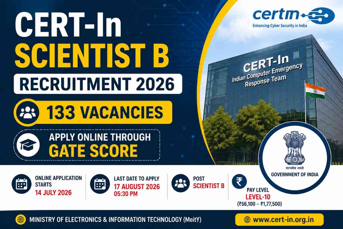 CERT-In Scientist B Recruitment 2026 notification released for 133 vacancies. Apply online through GATE 2024, 2025 or 2026 score before 17 August 2026.