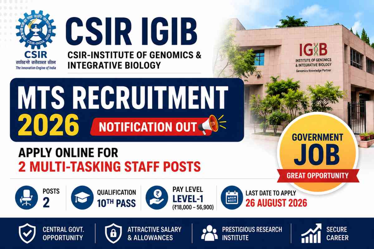 CSIR IGIB MTS Recruitment 2026 notification released for 2 Multi-Tasking Staff posts. Check eligibility, salary, selection process, dates and apply online.