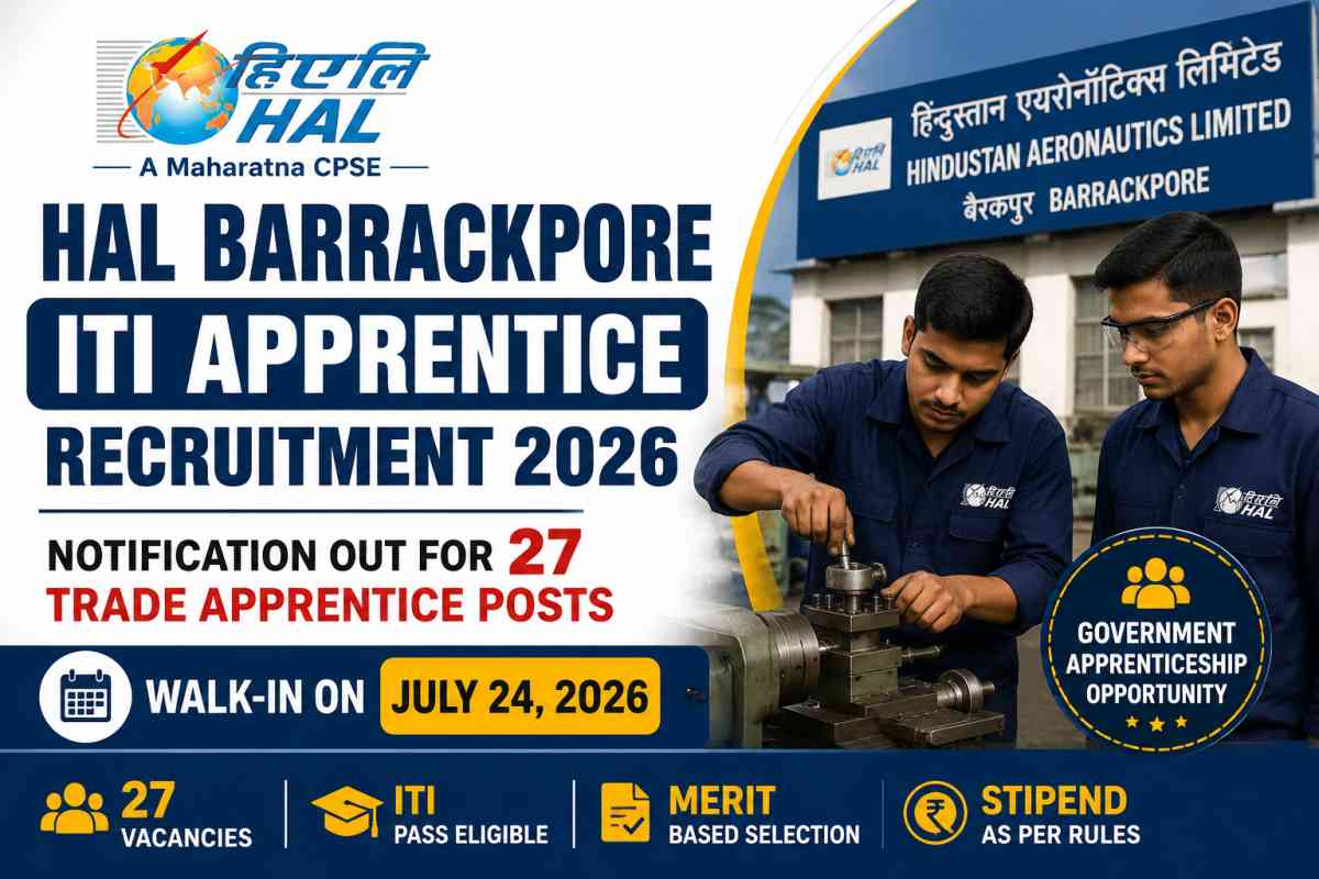 HAL Barrackpore ITI Apprentice Recruitment 2026 notification released for 27 Trade Apprentice posts. Check eligibility, walk-in date, selection process and apply details.