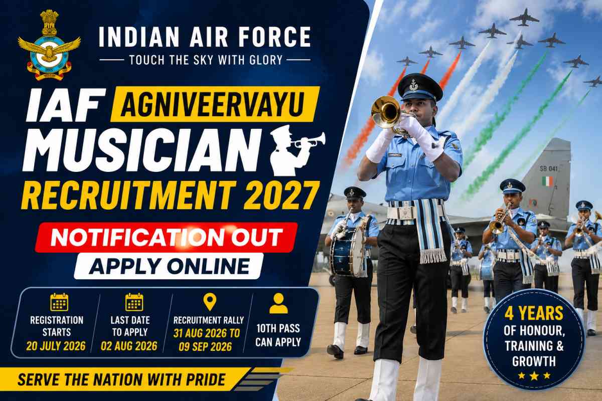 Apply for IAF Agniveervayu Musician Recruitment 2027. Check eligibility, age limit, registration dates, salary, selection process, physical test and apply online.