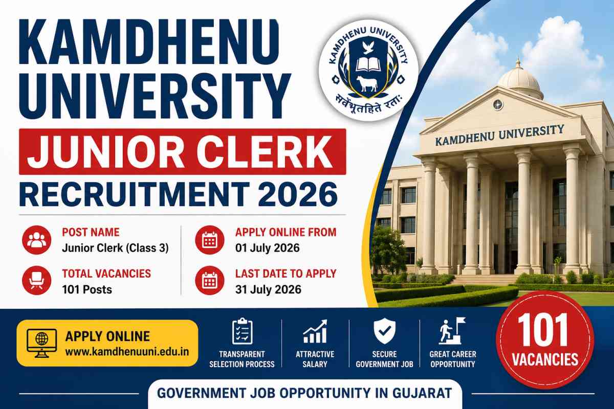 Apply for Kamdhenu University Junior Clerk Recruitment 2026. Check 101 Class 3 vacancies, eligibility, salary, selection process, dates and apply online.