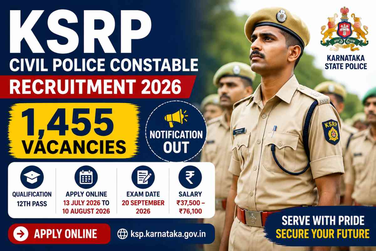 Apply for KSRP Civil Police Constable Recruitment 2026. Check 1,455 vacancies, eligibility, age limit, salary, selection process, important dates and apply online.
