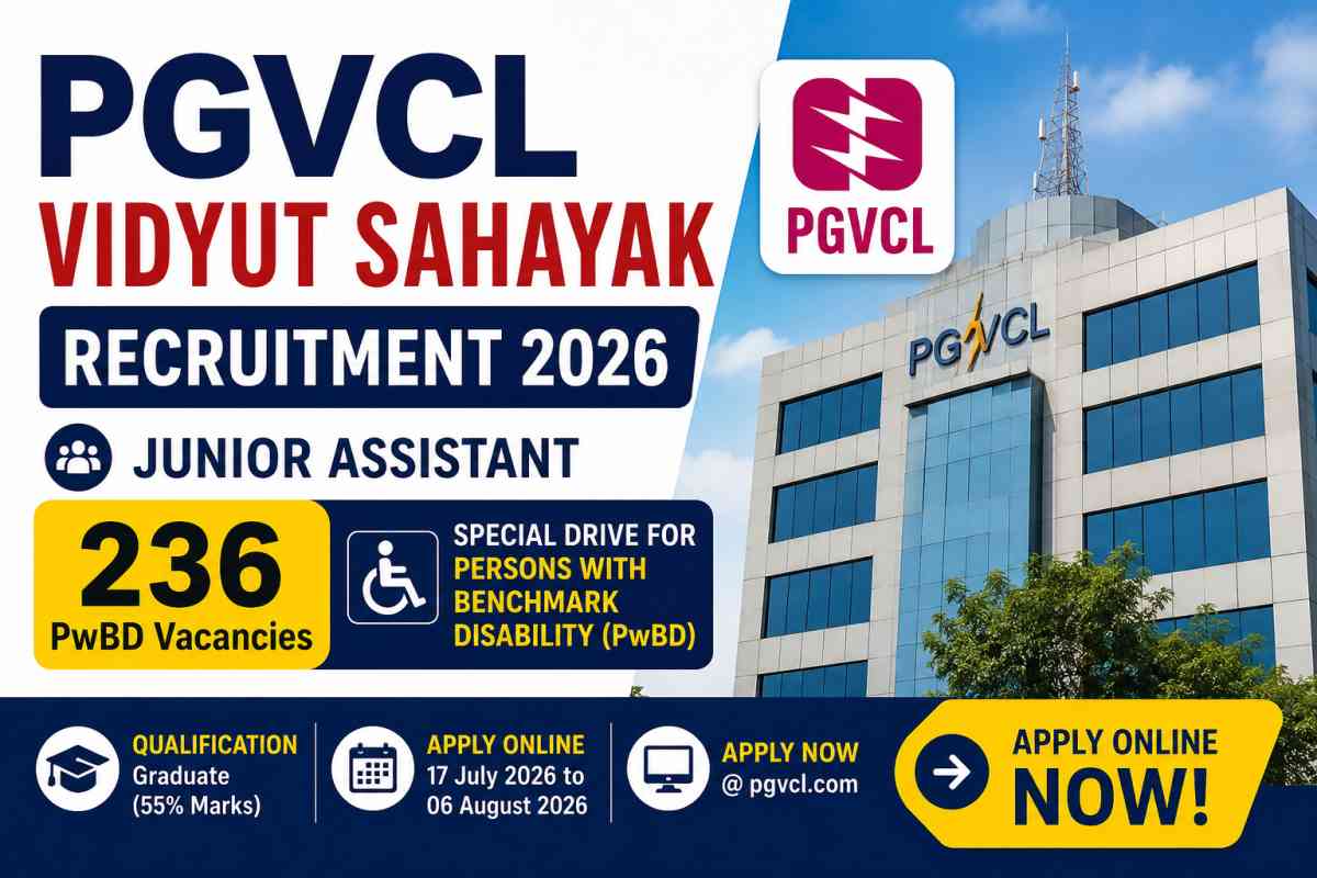 PGVCL Vidyut Sahayak Recruitment 2026 notification for 236 PwBD Junior Assistant vacancies with online application details.