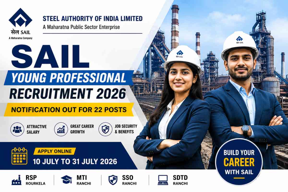 SAIL Young Professional Recruitment 2026 notification released for 22 posts. Check eligibility, salary up to ₹1.40 lakh, important dates, and apply online.