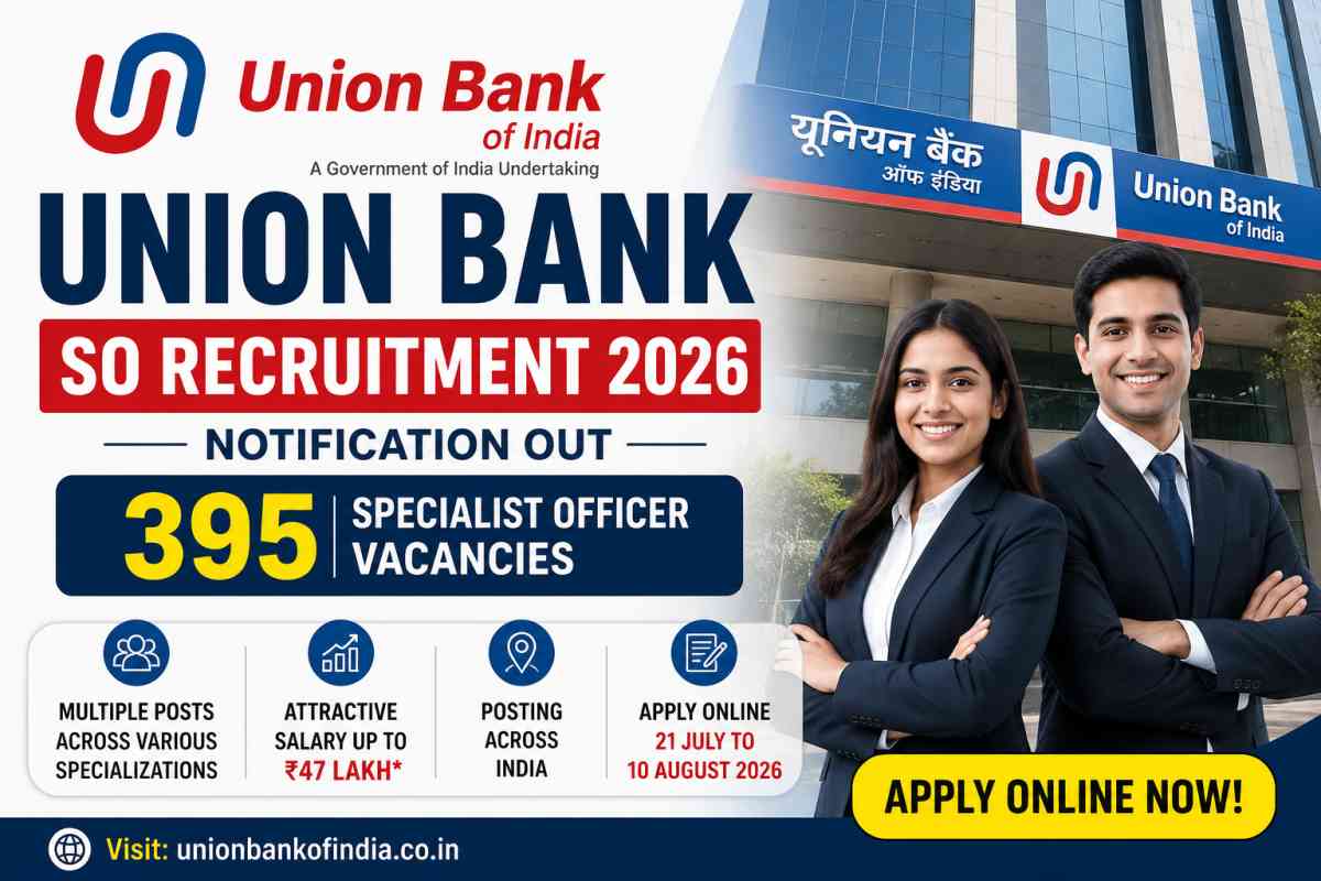 Union Bank SO Recruitment 2026 notification featuring 395 Specialist Officer vacancies with online application dates from 21 July to 10 August 2026.