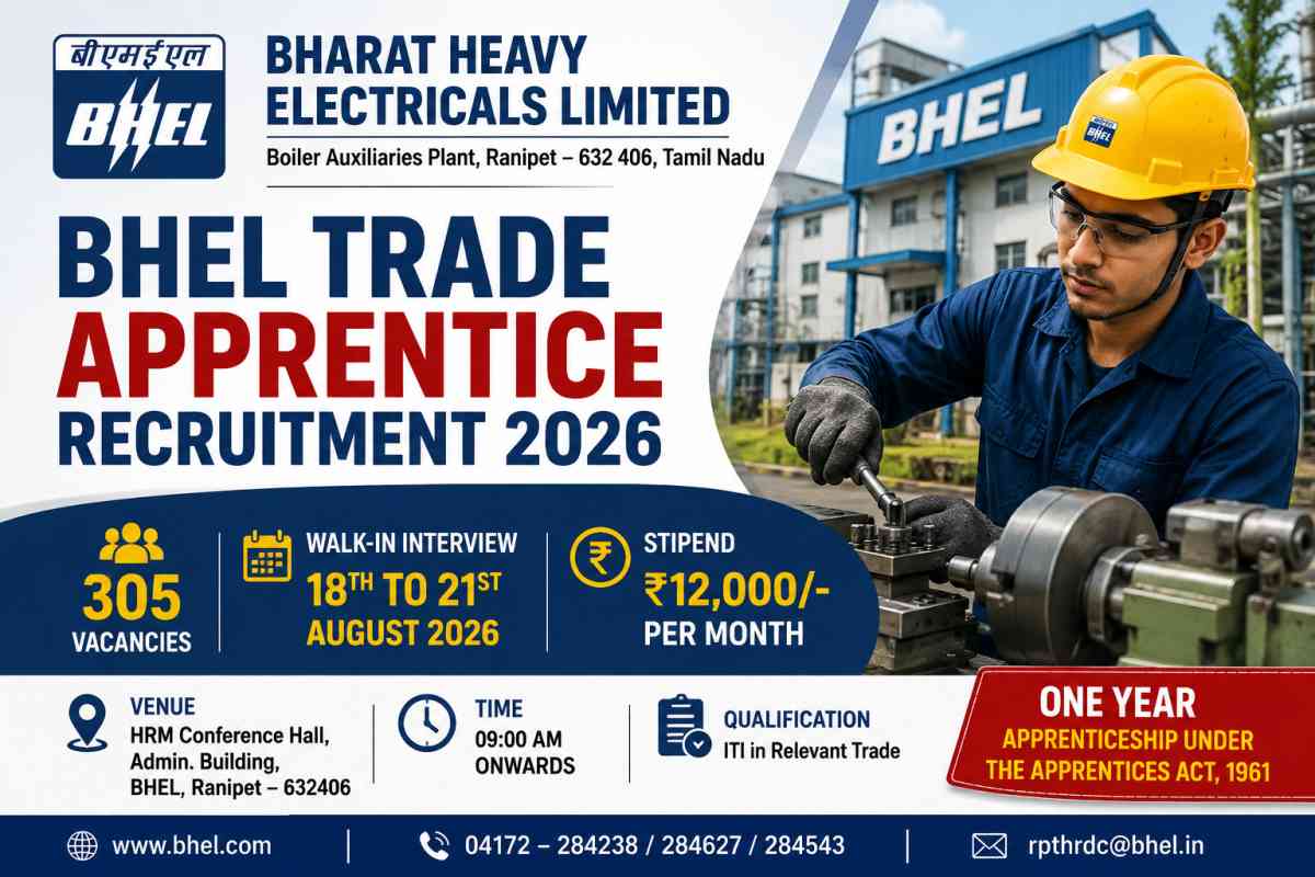 BHEL Trade Apprentice Recruitment 2026 offers 305 ITI apprentice posts at Ranipet. Check walk-in interview dates, stipend, trades, eligibility and documents.