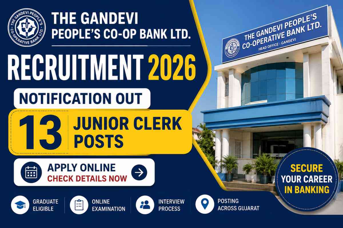 Gandevi People’s Co-Op Bank Recruitment 2026 is out for 13 Junior Clerk posts. Check eligibility, dates, exam pattern, fee and apply online.
