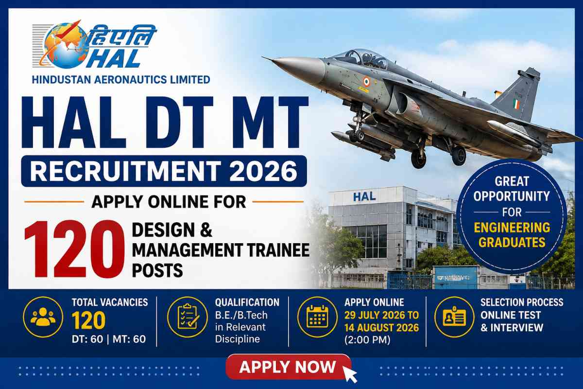 HAL DT MT Recruitment 2026: Apply online for 120 Design and Management Trainee posts. Check eligibility, vacancies, salary, exam pattern and important dates.