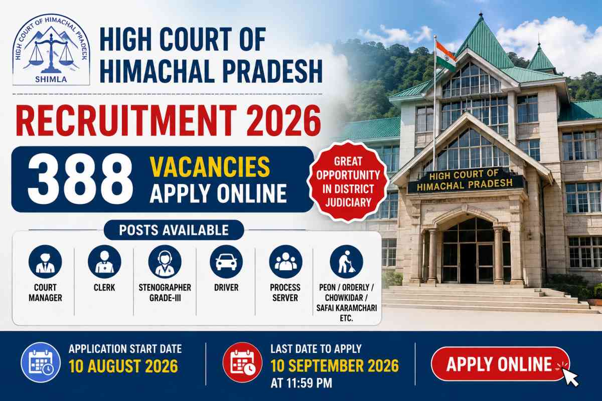 High Court Himachal Pradesh Recruitment 2026 for 388 posts. Check vacancy, eligibility, age limit, application dates, fee and apply online.