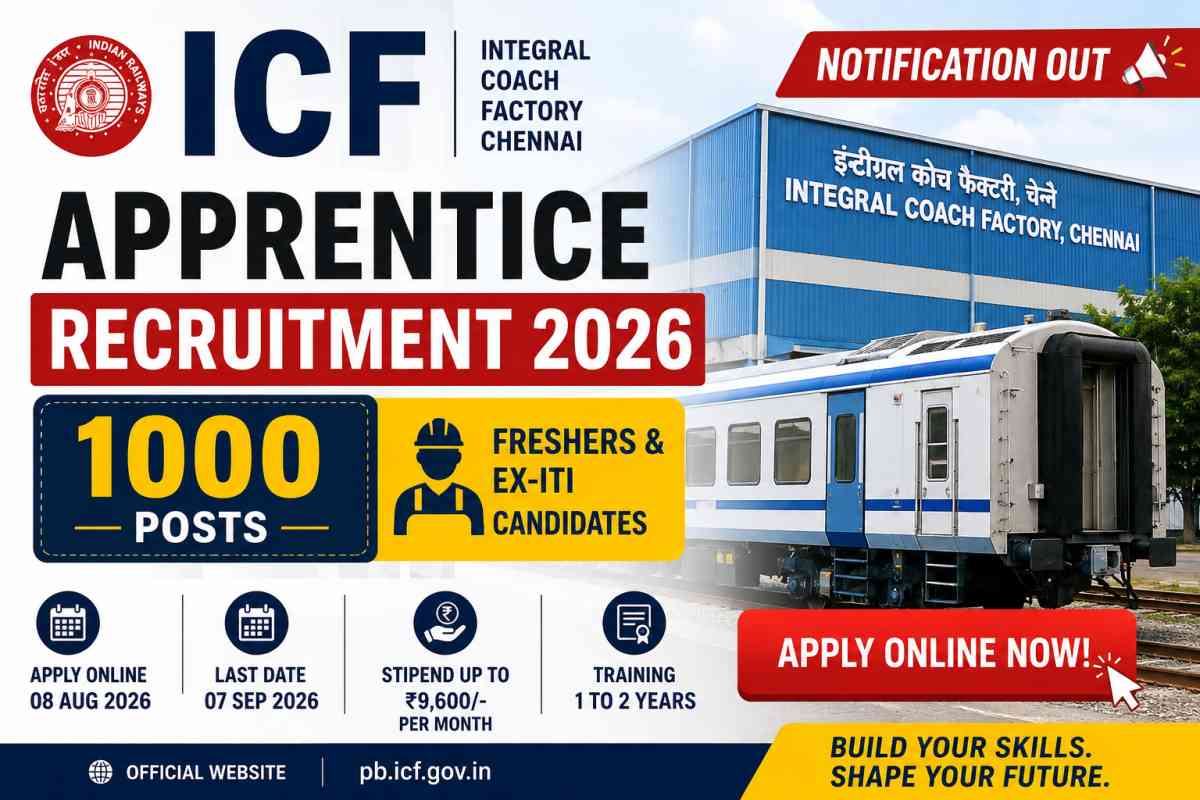 ICF Apprentice Recruitment 2026 notification out for 1000 posts. Check eligibility, vacancy, stipend, dates and apply online before September 7, 2026.